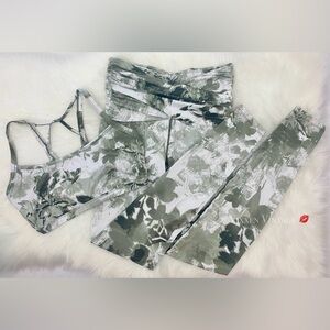 JOYLAB FLORAL CAGEBACK SPORTS BRA & HIGH WAISTED CROSSOVER LEGGINGS SET IN SAGE